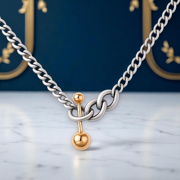 🆕️Two Tone 18K Gold Plated Stainless Steel Chain Necklace with Gold Ball Bar ✨ - Picture 1 of 11